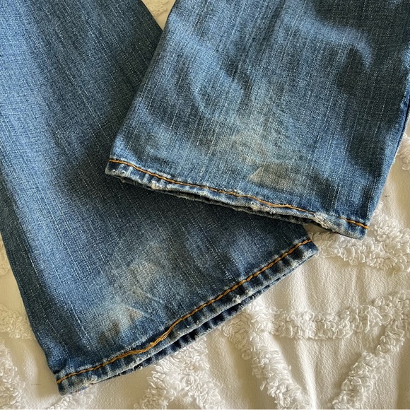 True Religion Big T Straight Flap Red Orange Stitch Distressed Denim Blue Jeans - Picture 13 of 16